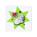 HO HO HO. A square greetings card with a white background. There is a central green star with an illustration of Santa's face. There is a removable enamel badge in the shape of a speech bubble which reads "Ho Ho Ho"