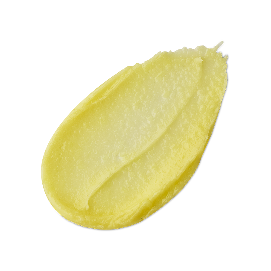 Honey Trap. A neatly smeared swatch of thick, pale yellow coloured lip balm with a slightly glossy finish.