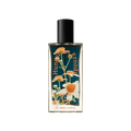Hungarian Fronds. A rectangular, glass perfume bottle with a black cap is filled with translucent, deep-blue liquid. The name "Hungarian Fronds" is arched in orange on the front of the bottle along with flower decals.
