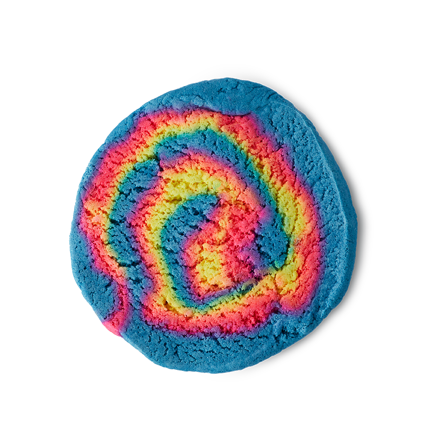 Intergalactic. A round bubble bar with a main blue colour swirled in a multicoloured rainbow spiral.
