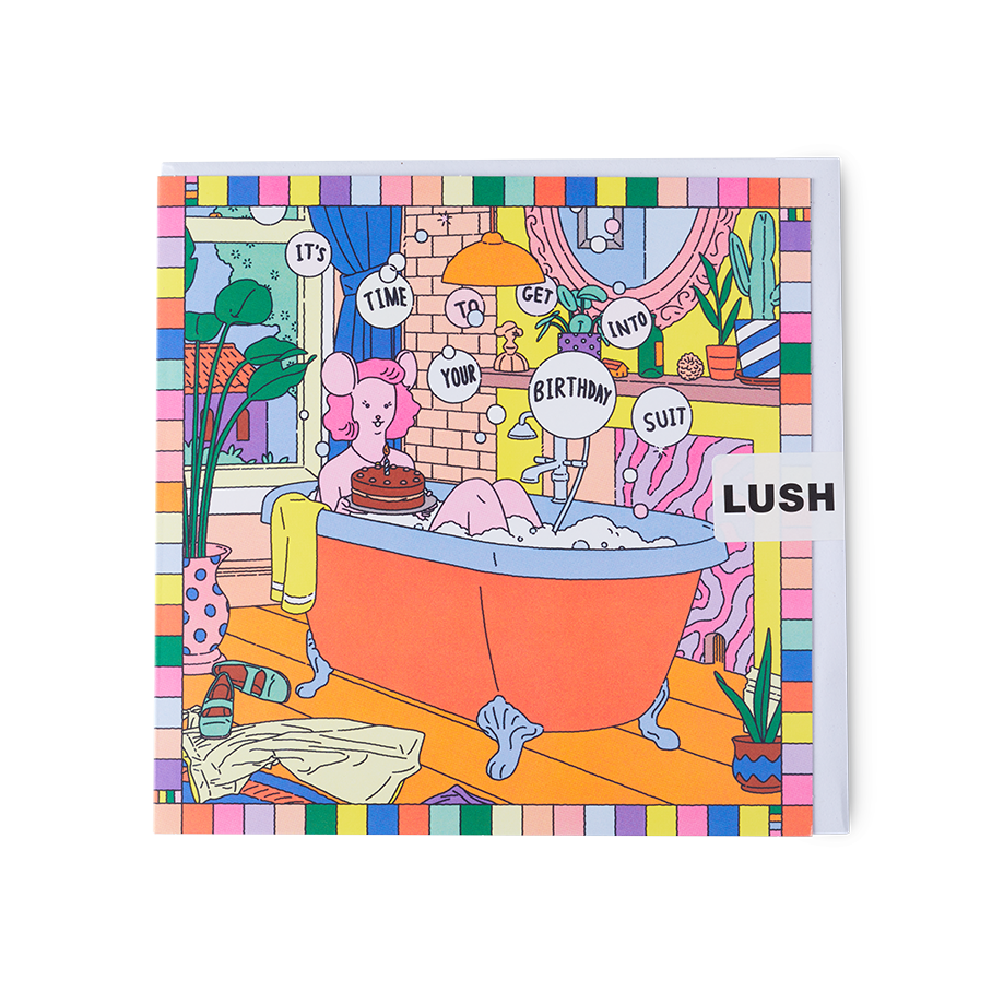 It's Time To Get Into Your Birthday Suit. A colourful, busy design showing a pink mouse in a bath with a birthday cake.