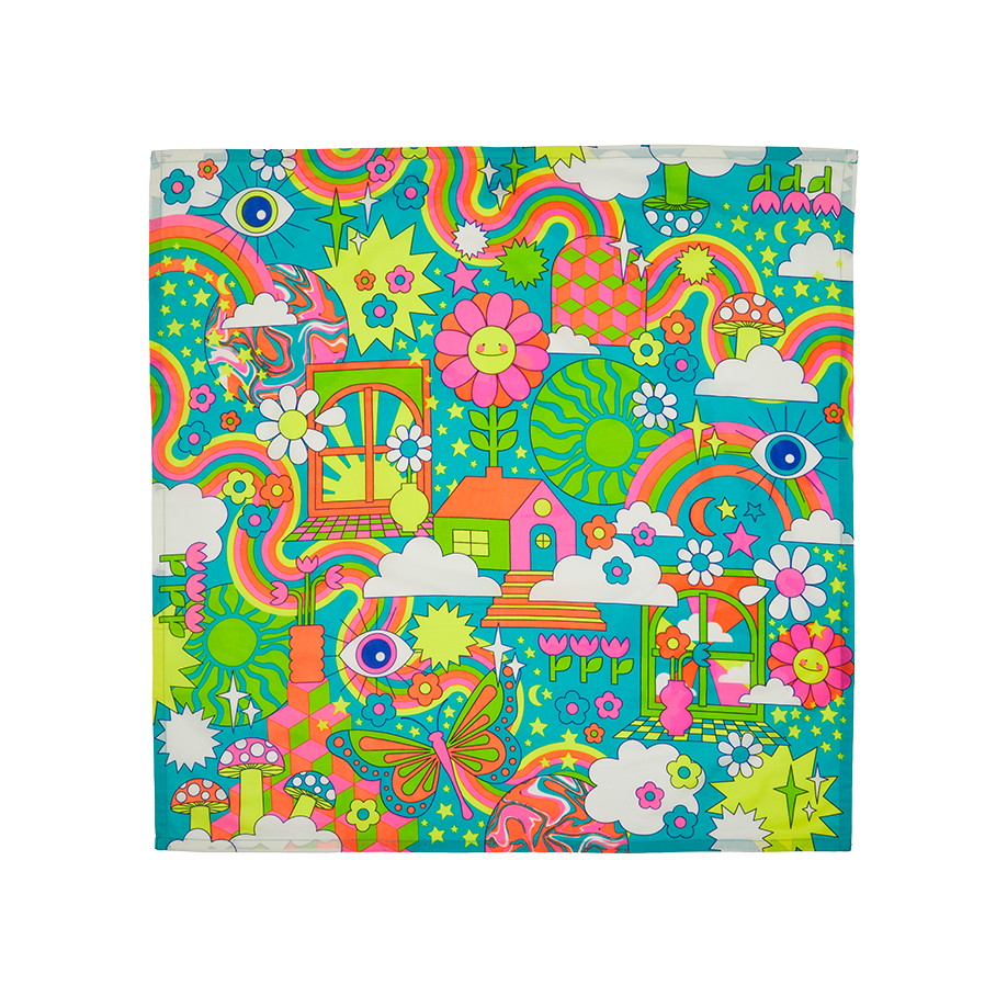 Joyous Springtime. A square knot wrap inspired by a colourful, flower-power-era design featuring lots of flowers, swirls, rainbows, mushrooms and clouds.