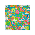 Joyous Springtime. A square knot wrap inspired by a colourful, flower-power-era design featuring lots of flowers, swirls, rainbows, mushrooms and clouds.
