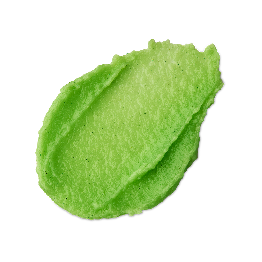 Key Lime Pie. A neatly smeared swatch of thick, lime-green coloured lip balm with a slightly glossy finish and tiny dark specks throughout.