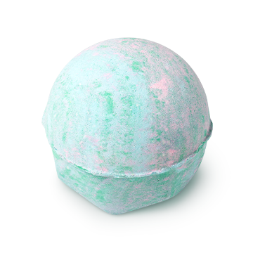 Lakes. A round bath bomb, delicately coloured baby blue and flecked with pastel green and baby pink.