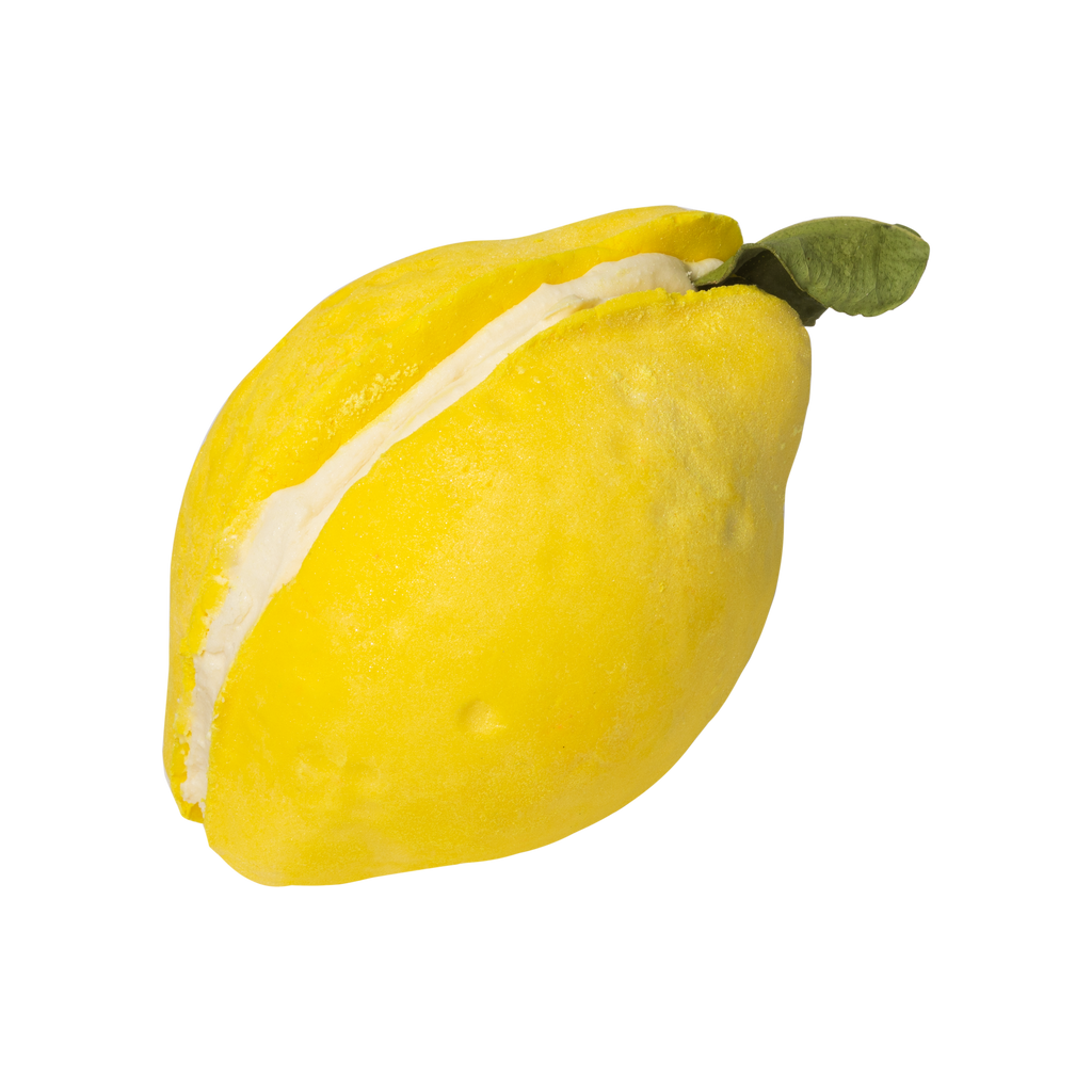 Lemon Crumble Bubble Bar. Shaped like a lemon with a white cream filling and leaf at the top.