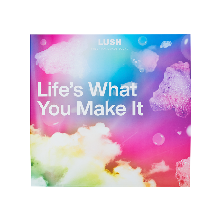 Life's What You Make It, vinyl record cover, featuring the sun emerging from behind clouds and patches of bubbles and bath foam.