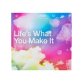 Life's What You Make It, vinyl record cover, featuring the sun emerging from behind clouds and patches of bubbles and bath foam.