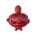 Little My soap. A dark red, matte product shaped like the head of the Moomin character Little My, featuring her signature topknot hairstyle and a mischievous expression.