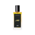 A glass perfume bottle filled with light amber liquid. A black label reads 'The Perfume Library' and 'Love'.