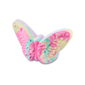 A butterfly-shaped bath bomb with vibrant, marbled colors of pink, yellow, turquoise, and purple. The detailed wings feature molded patterns.