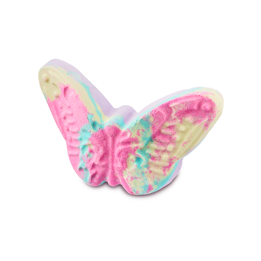A butterfly-shaped bath bomb with vibrant, marbled colors of pink, yellow, turquoise, and purple. The detailed wings feature molded patterns.