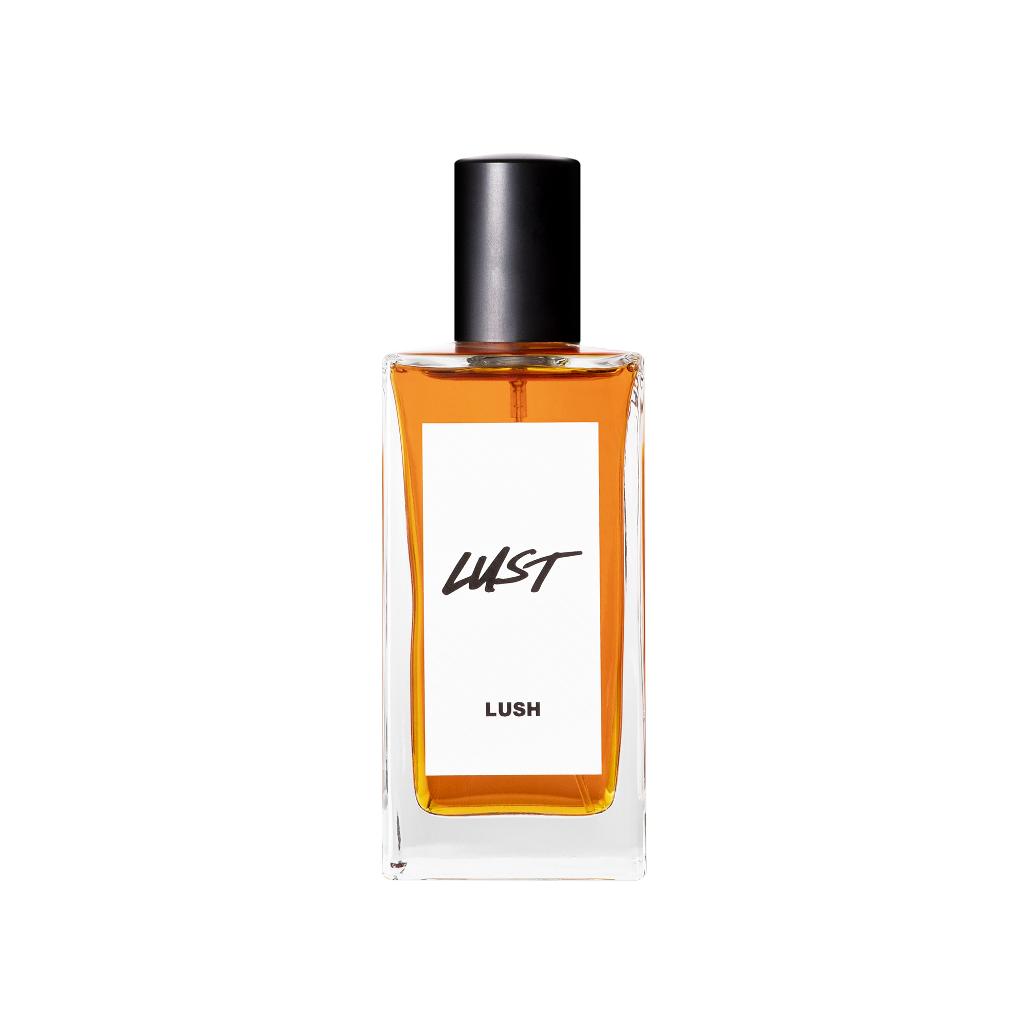 A glass perfume bottle filled with deep, reddish amber liquid. A white label reads 'Lust'.