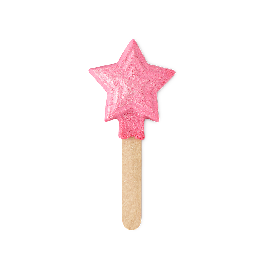 Magic Wand. A pretty, pastel-pink bubble bar in the shape of a classic five-pointed star. There is shimmering silver lustre throughout the bubble bar and it is mounted on a wooden stick.