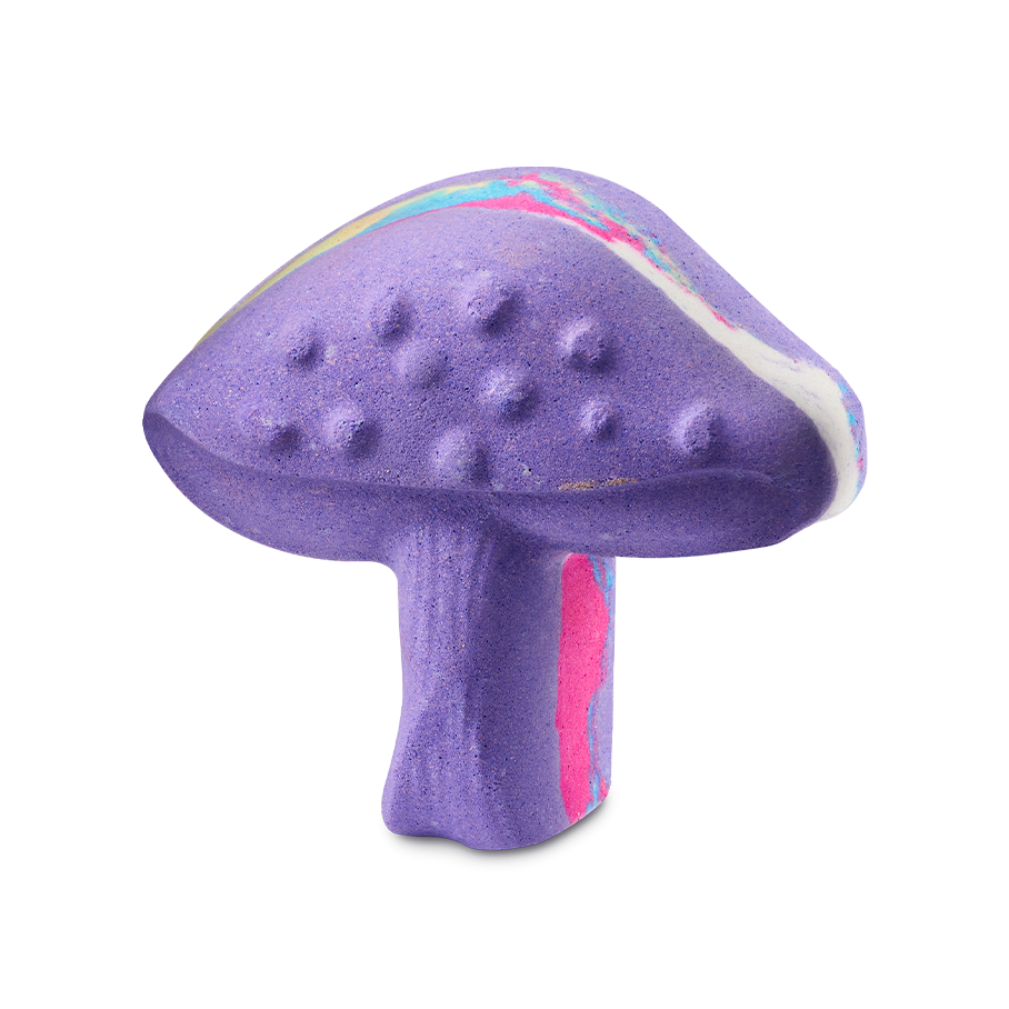Magik Mushroom. A vibrant purple bath bomb shaped like a mushroom. The cap features small raised bumps and a swirled band of pink, blue, yellow, and white that runs all the way around the middle of the product.