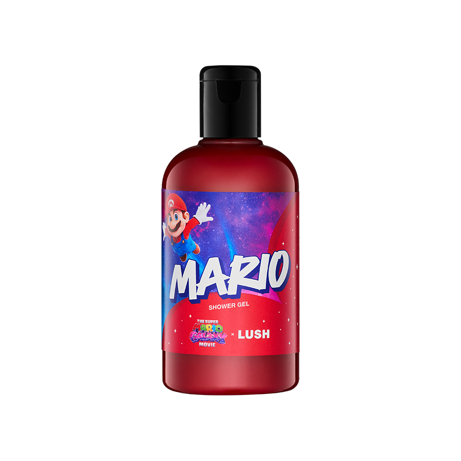 Red shower gel bottle with a black flip-top cap. The label features Mario jumping against a purple, starry galaxy background with "MARIO SHOWER GEL" in bold white letters.