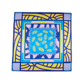 Metamorphosis. A Vibrant knot wrap with an abstract, yellow border with lots of bold design with pink and blue shapes.
