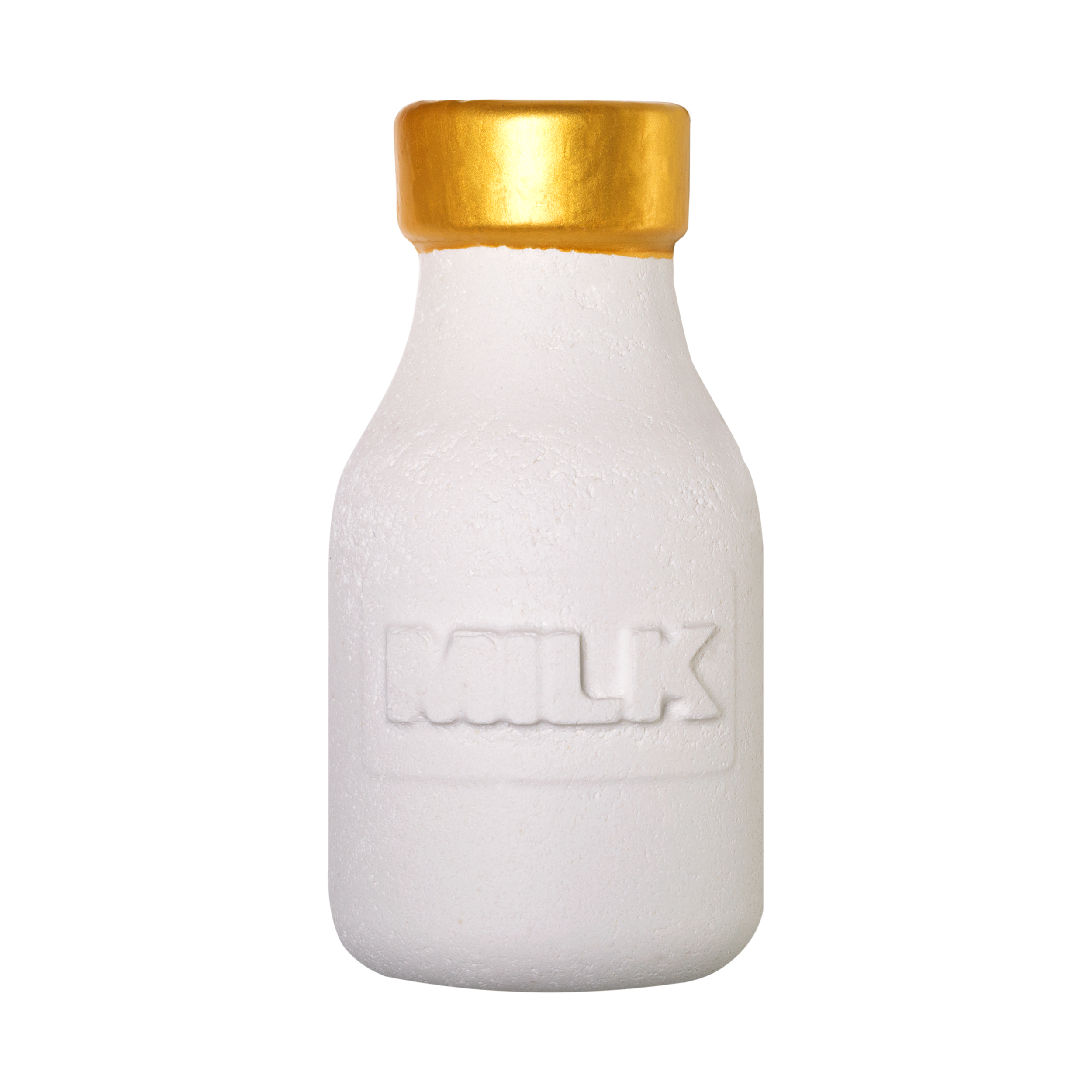 Milky Bottle Bubble Bar. A white milk bottle design with the word MILK raised on the front and a golden cap on top.