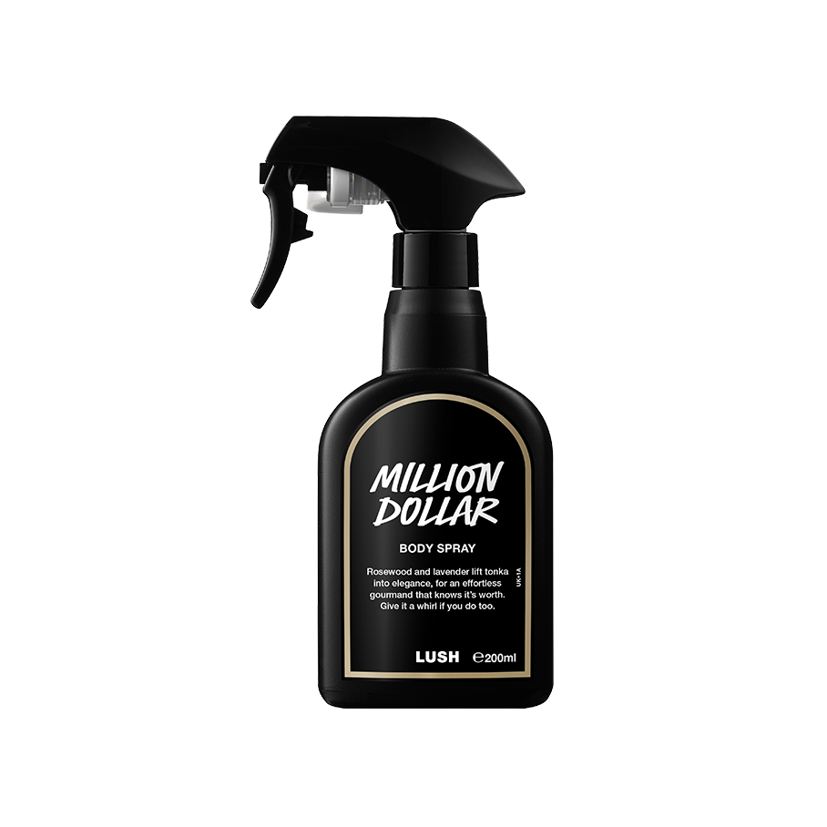 A black spray bottle of Lush 'Million Dollar' body spray. The label features white text with a gold border. The bottle has a trigger spray nozzle and contains 200ml of product.