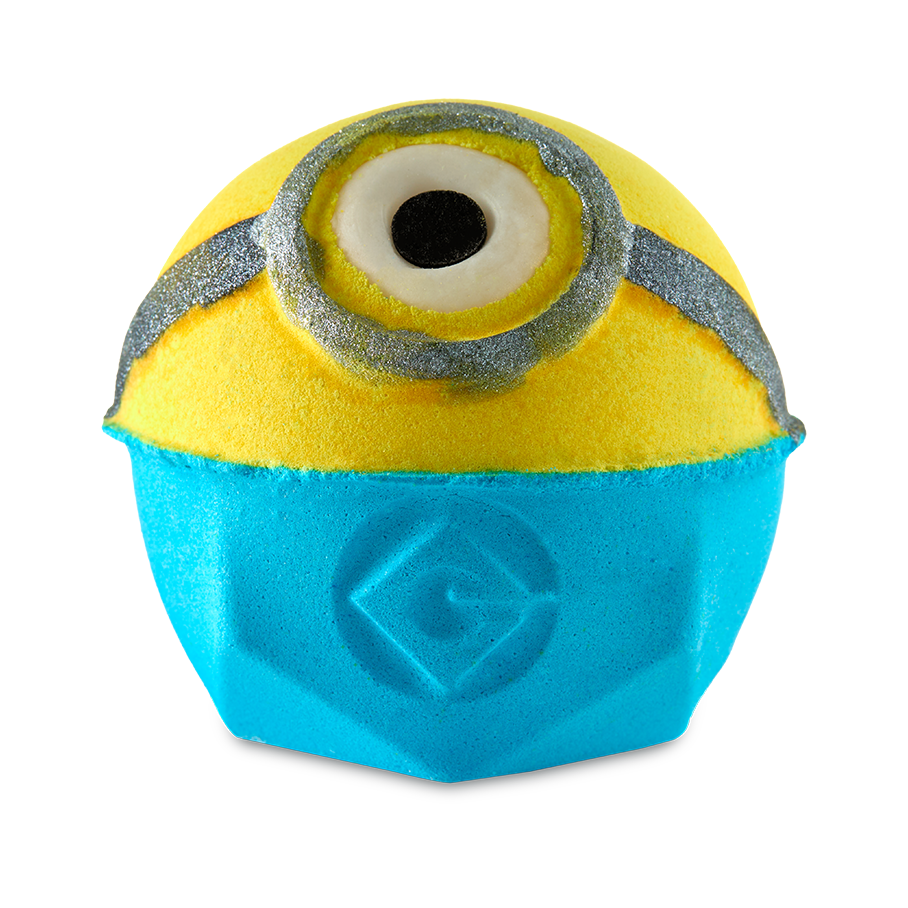 Minions. A round, colourful bath bomb designed to look like a Minions character complete with blue overall bottoms, yellow head and eye with monocle.