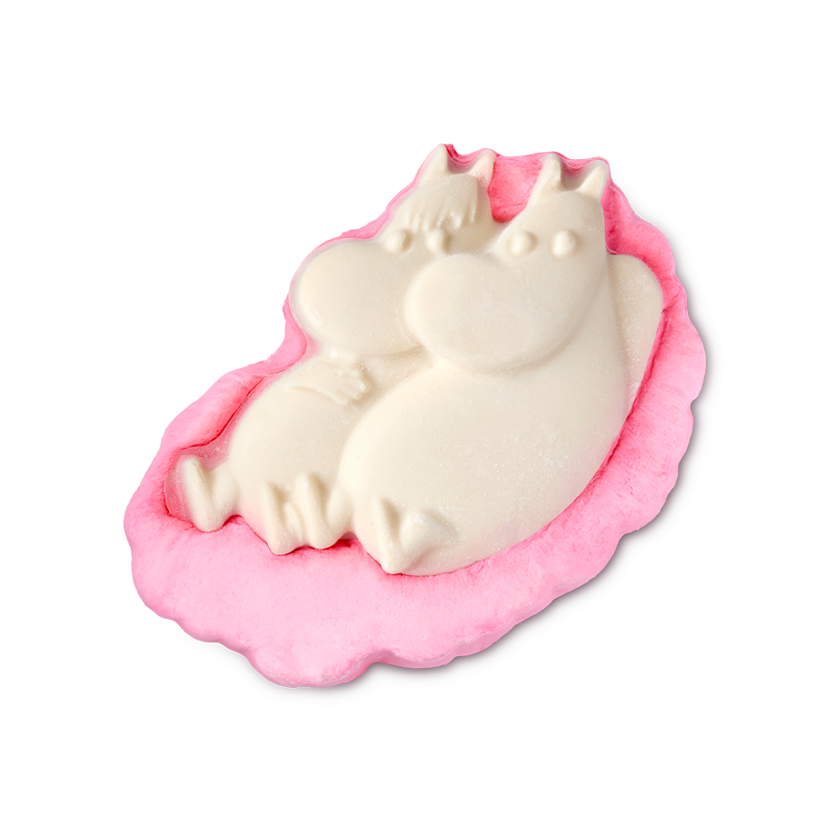 Moomin Delight. A 2-in-1 soap and body wash shaped like Moomintroll and Snorkmaiden hugging, set on top of a pink base moulded to look like a cloud.