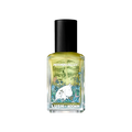 A rectangular glass bottle of pale perfume with a black cap. The clear, illustrated label reads "MOOMINVALLEY" and "LUSH x MOOMIN", featuring an illustration of Moomintroll holding flowers in a grassy field.