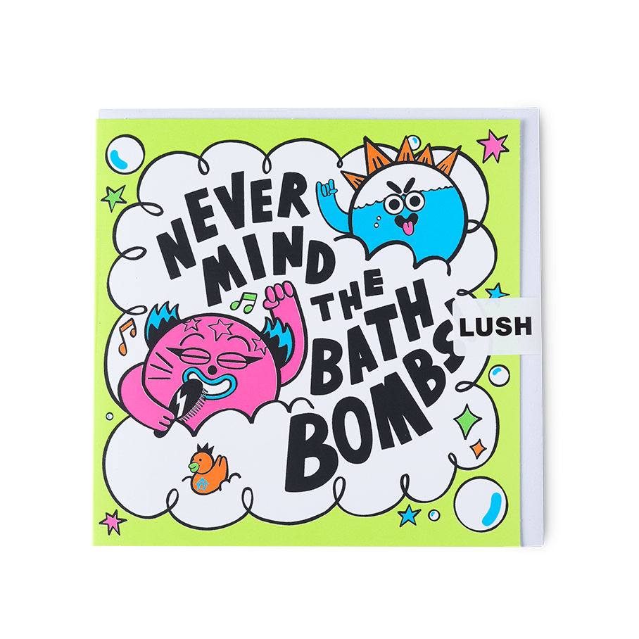 Never Mind The Bath Bombs. A Square card showing two fun, colourful characters surrounded by music notes and stars.