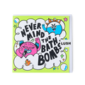 Never Mind The Bath Bombs. A Square card showing two fun, colourful characters surrounded by music notes and stars.