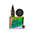 A Lush 'Nice Beard!' Grooming Kit featuring a bright, typographic box in multiple bright colours. The set includes a glass bottle of Dirty hair and beard oil, a tub of Kalamazoo beard and facial wash, and a small tin of Cosmetic Lad moisturiser.
