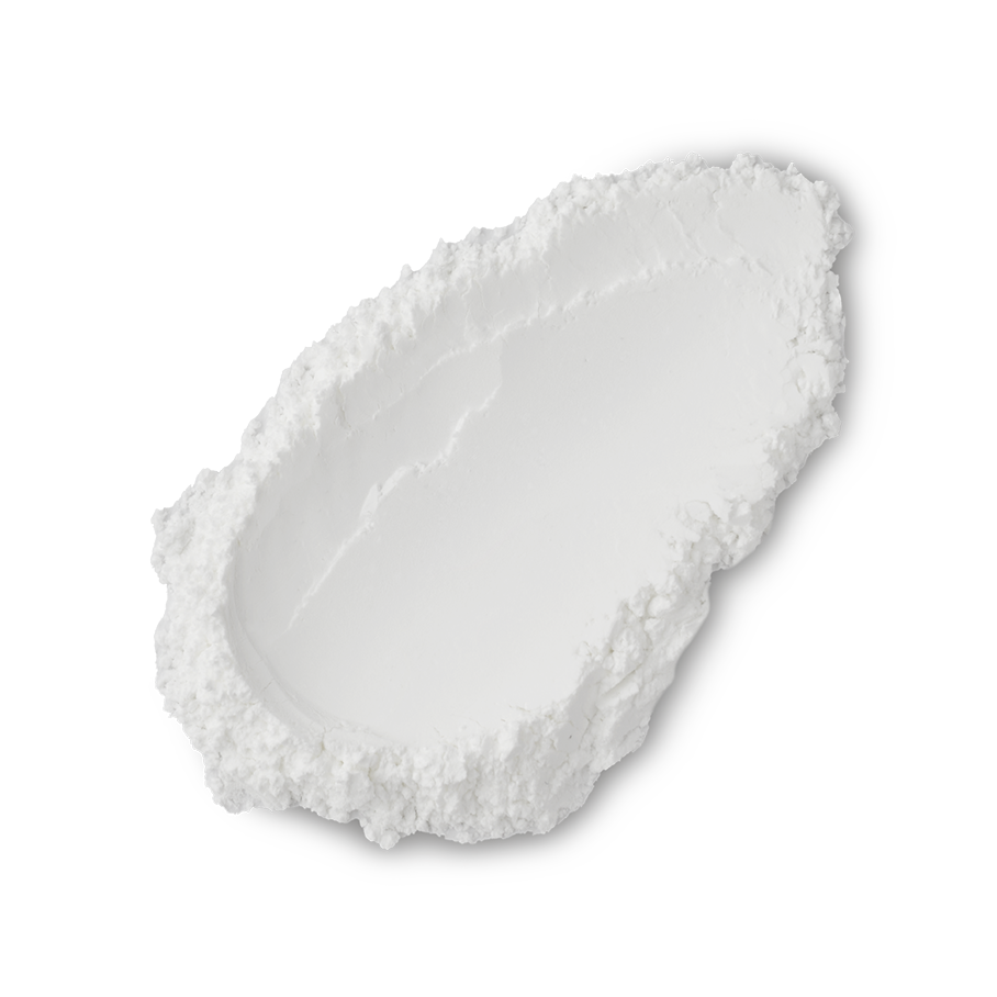 No Drought. A neatly smudged swatch of white, ultra-fine, dry shampoo powder.