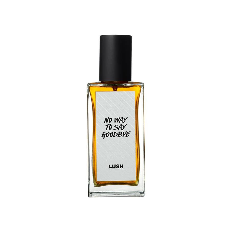 No Way To Say Goodbye. A rectangular, glass perfume bottle with a black cap is filled with translucent, amber liquid. A white label reads 'No Way To Say Goodbye'.