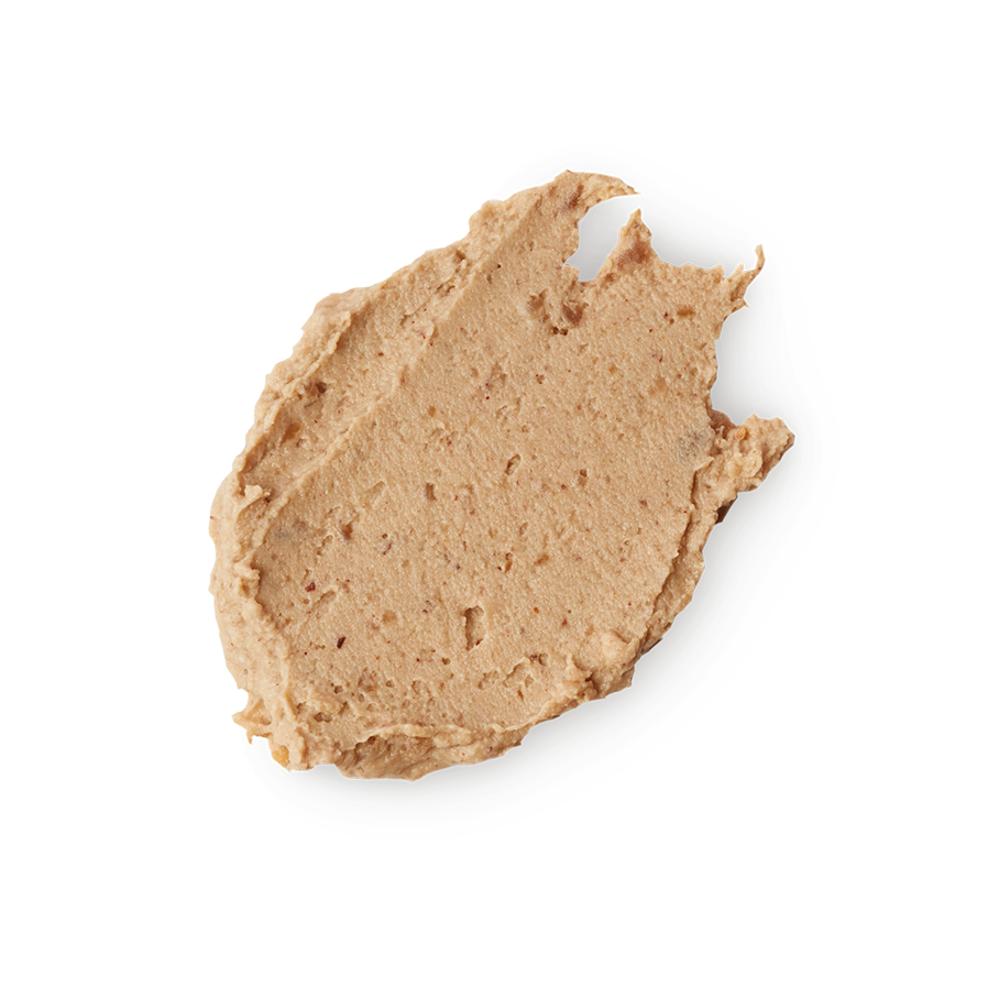 Nutkins. A neatly smudged swatch of thick, textured, caramel-coloured face mask with flecks of finely ground nuts.