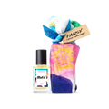 Pansy. A perfume bottle, wrapped in an artistic white, blue, pink, purple and orange knot wrap, complete with a brown gift tag.
