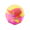 A spherical bath bomb with a vibrant, marbled design in shades of bright yellow, neon pink, and deep reddish-orange. The textured surface features swirling patterns of color.