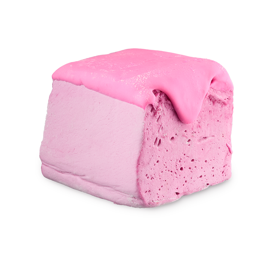 Happy Blooming Delight. A cuboid-shaped block of pastel pink soap, resembling the texture of a marshmallow. It is topped with a thick, glossy, darker pink coating that drips down one side, revealing a porous texture below.