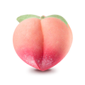 Peachy. A peach-shaped bath bomb featuring a soft orange and pink gradient, darkening to a deep pink at the base. Two small green leaves are moulded at the top near the stem.