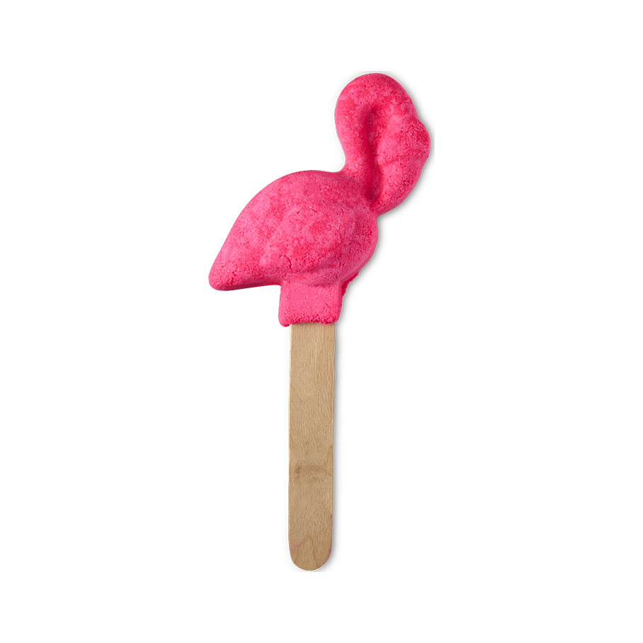 Pink Flamingo. A reusable bubble bar comprised of a wooden stick handle topped with a fun, playful, pink flamingo-shaped bubble bar on top.