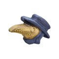 Plague Doctor. A bath bomb shaped like a plague doctor's head. The figure wears a dark purple brimmed hat and cowl, while the iconic long, beaked mask is covered in a glittering metallic gold finish.