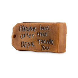 Please Look After This Bear. A brown, luggage-tag-shaped bar of soap inspired by Paddington Bear. The textured surface features the embossed message 'Please look after this bear, thank you' in handwritten-style script.