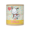 Pochacco. A cardboard shaker tube of Lush x Pochacco dusting powder against a black background. It features the cartoon character Pochacco on a colourful sprinkle pattern, with a red heart label reading "Dusting Powder" and a yellow band at the base.