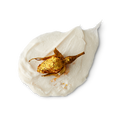 Posh White Chocolate and Roses. A neatly smudged swatch of thick, creamy body wash with an unopened flower bud dipped in gold glitter on top.