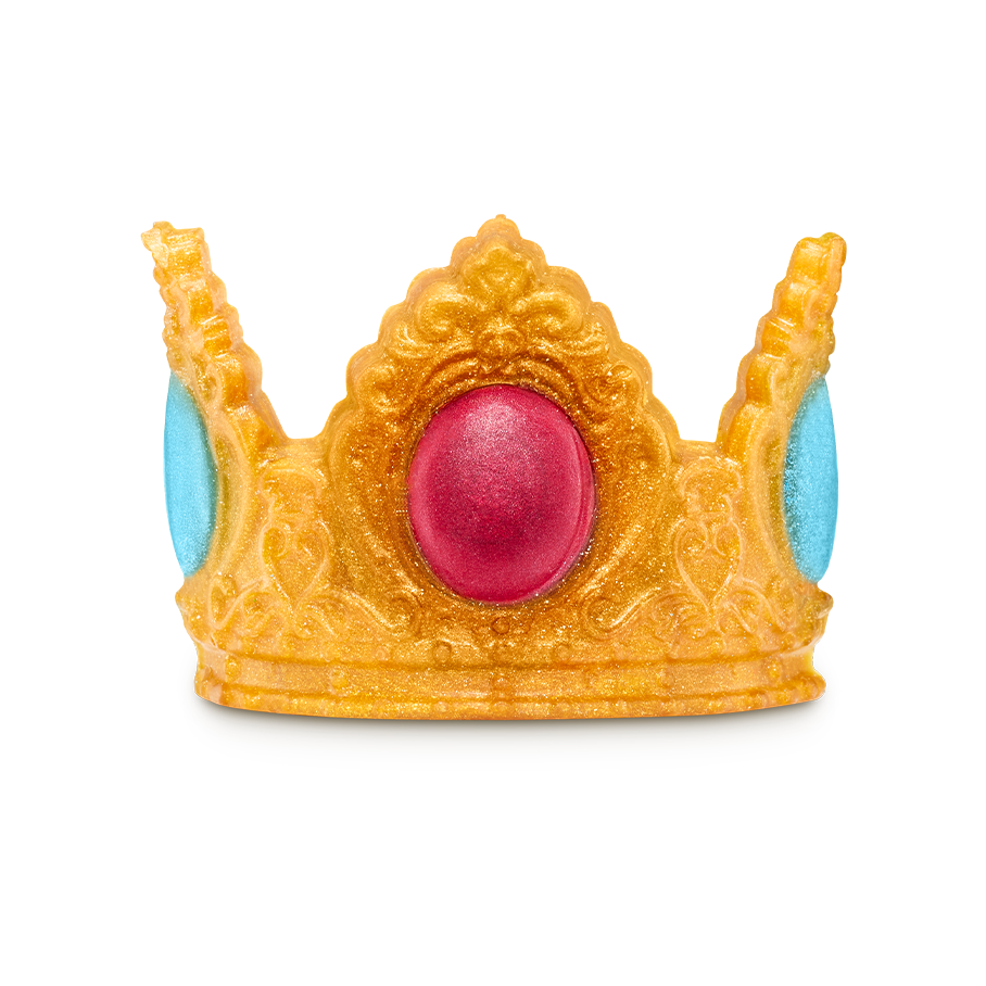 Gold, shimmering crown soap with a large red jewel in the center and blue jewels on the sides all glitter is plastic free.