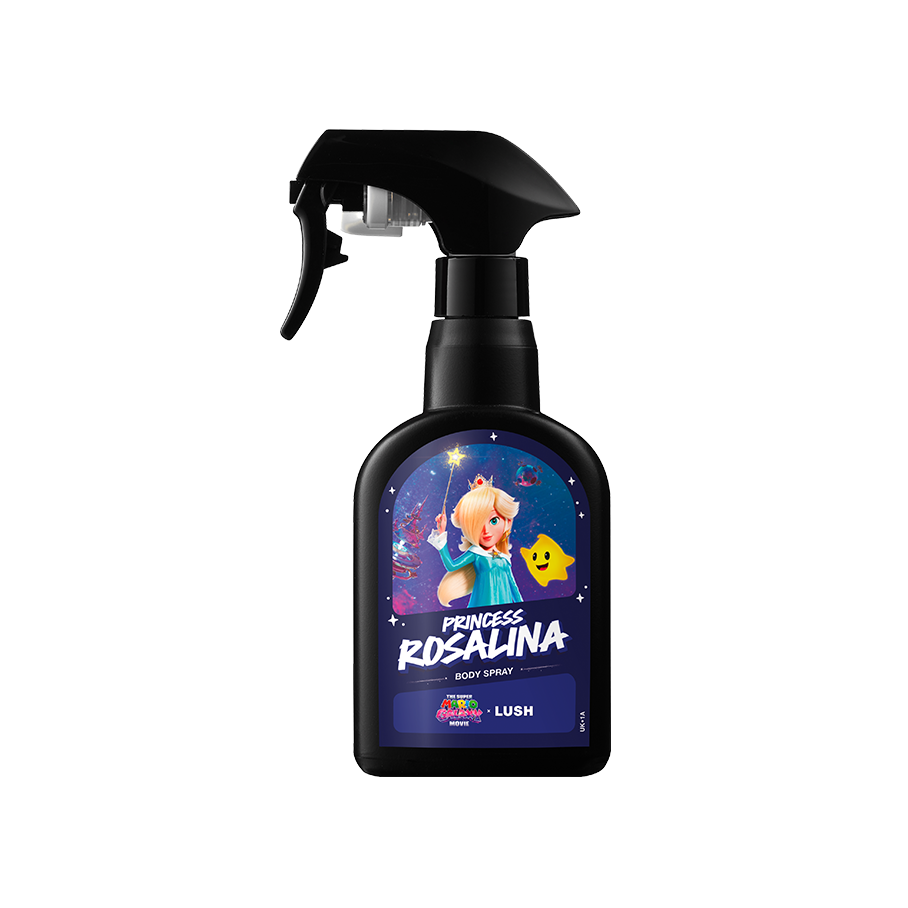 Black spray bottle with a label featuring Princess Rosalina holding a star wand next to a yellow Luma. Label includes product name and movie logos.