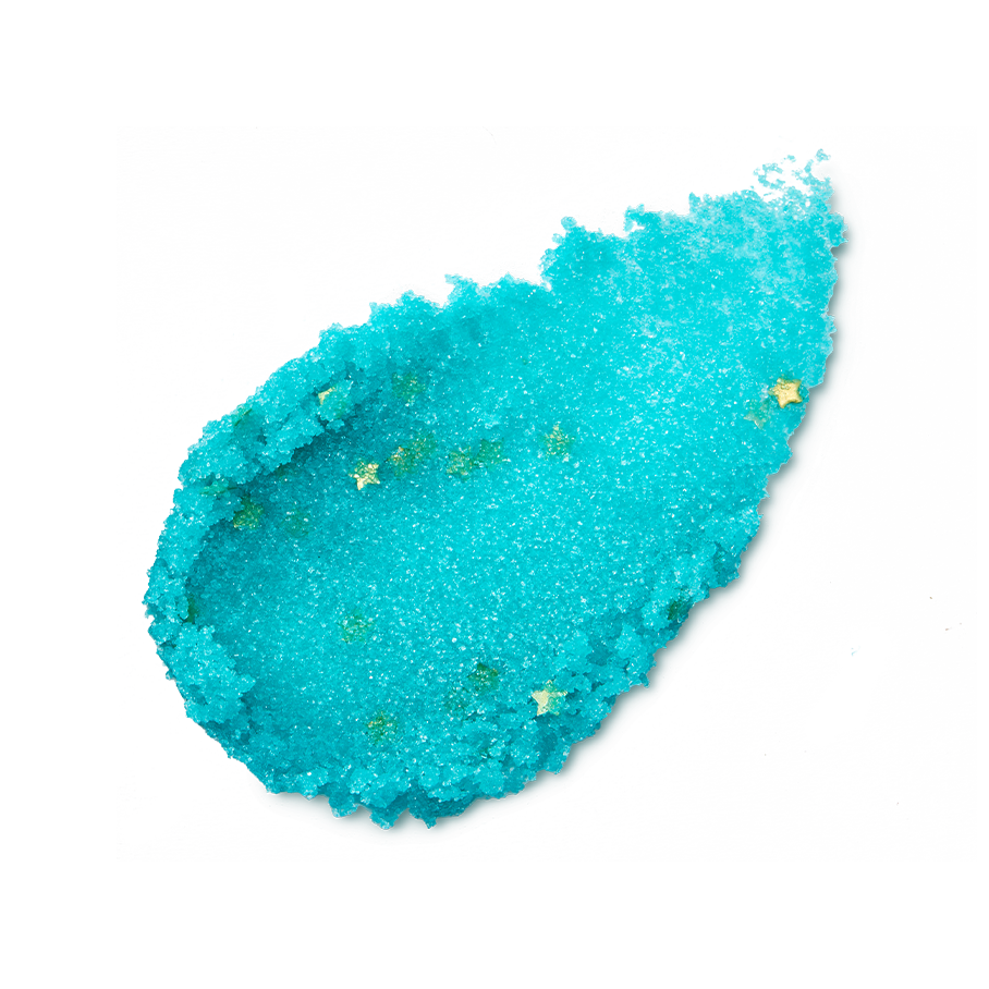 Vibrant turquoise, granular lip scrub smear on a black background. Filled with tiny, shimmering gold star-shaped glitters.