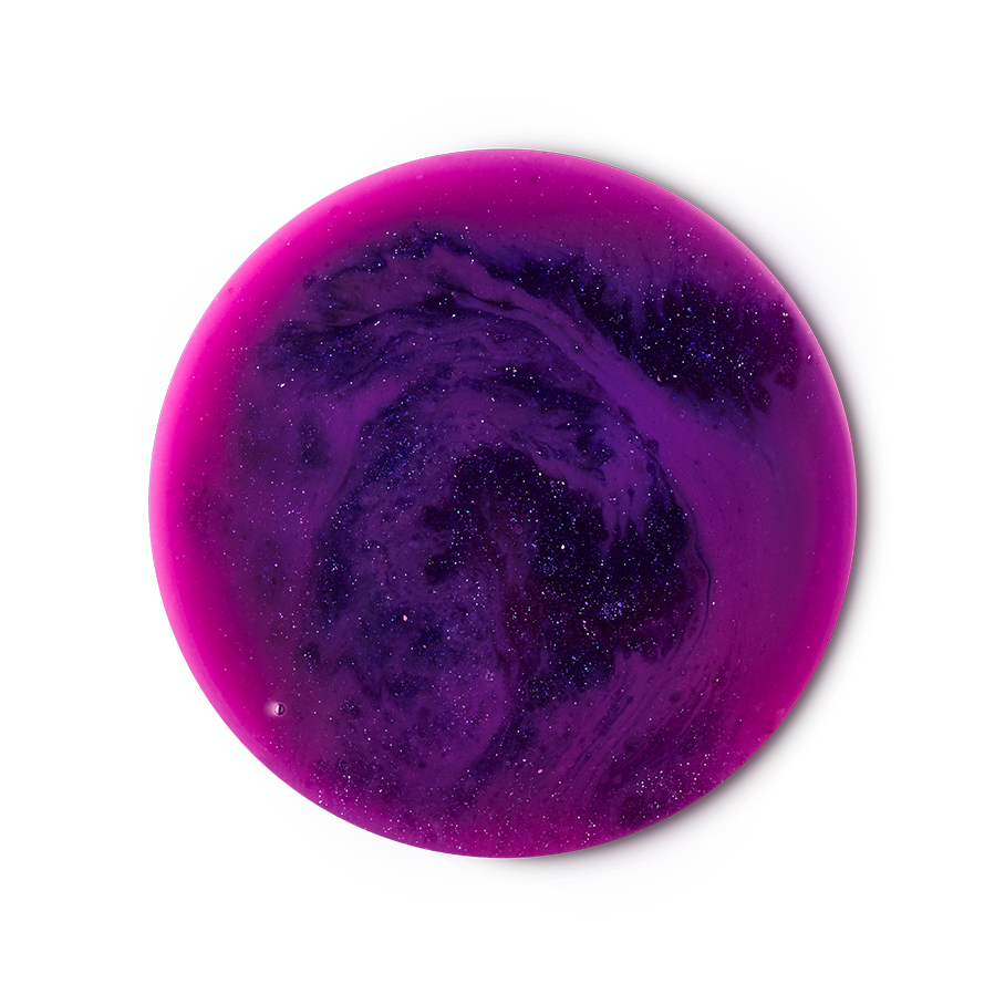 A circular, top-down view of swirling deep purple and vibrant magenta liquid. The shower gel is filled with shimmering plastic-free glitter.