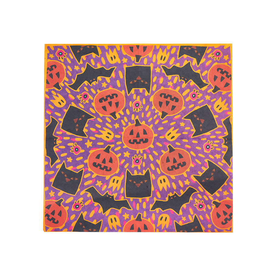 Pumpkin, Bats, Cats & Eyeballs. A square sheet of Lokta wrapping paper featuring a kaleidoscopic Halloween pattern on a purple backdrop. Orange pumpkins, black bats, black cats, and small yellow ghosts radiate outwards from the centre.