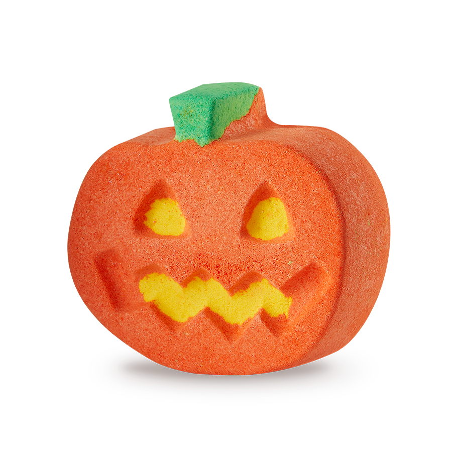 Punkin Pumpkin. a vibrant orange, pumpkin-shaped bath bomb with a green stem. Its front features carved yellow triangular eyes, a triangular nose, and a zig-zag mouth