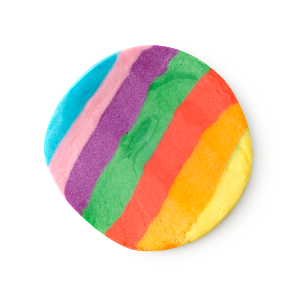 A cross section of blue, pink, purple, green, red, orange and yellow striped Rainbow Fun.