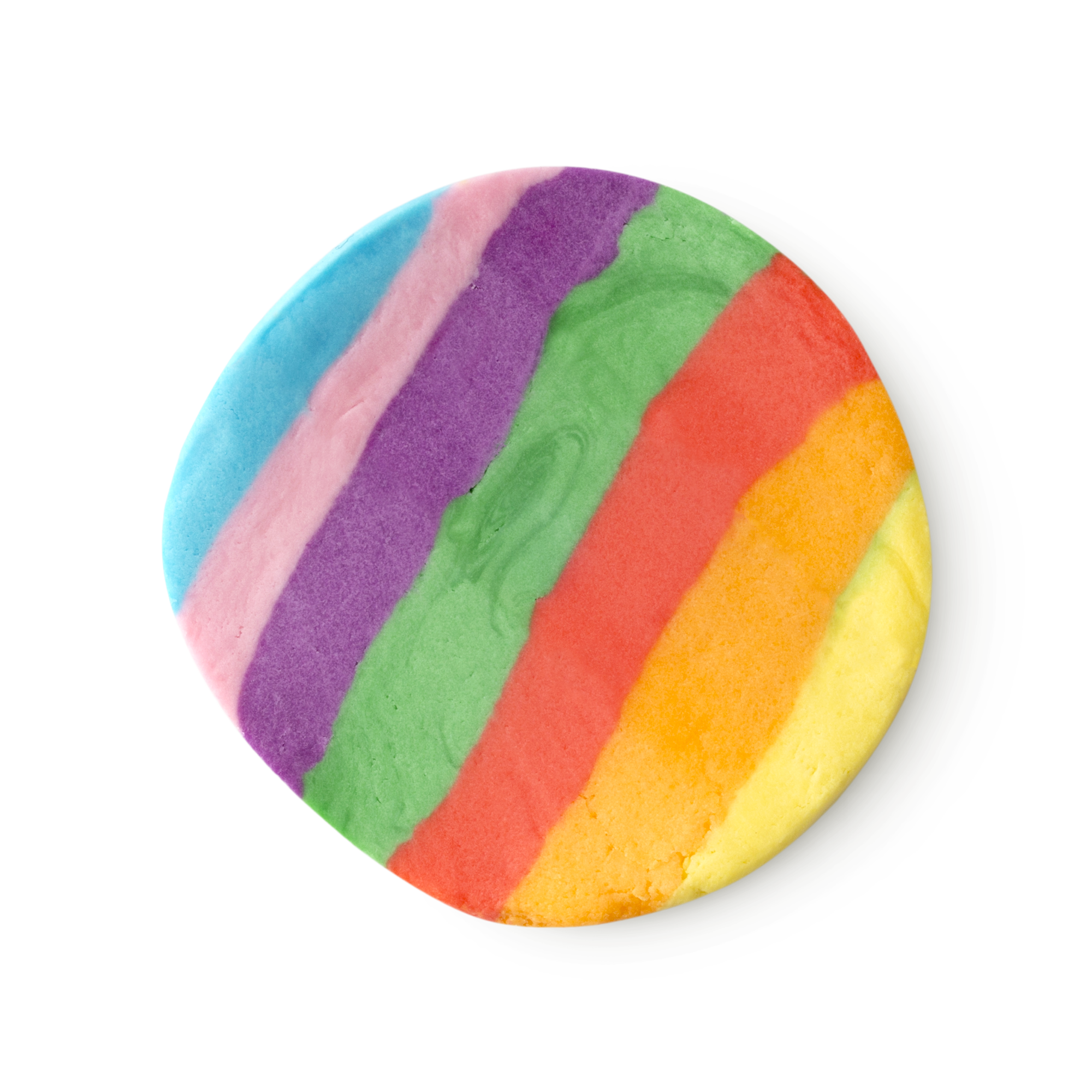 A cross section of blue, pink, purple, green, red, orange and yellow striped Rainbow Fun.