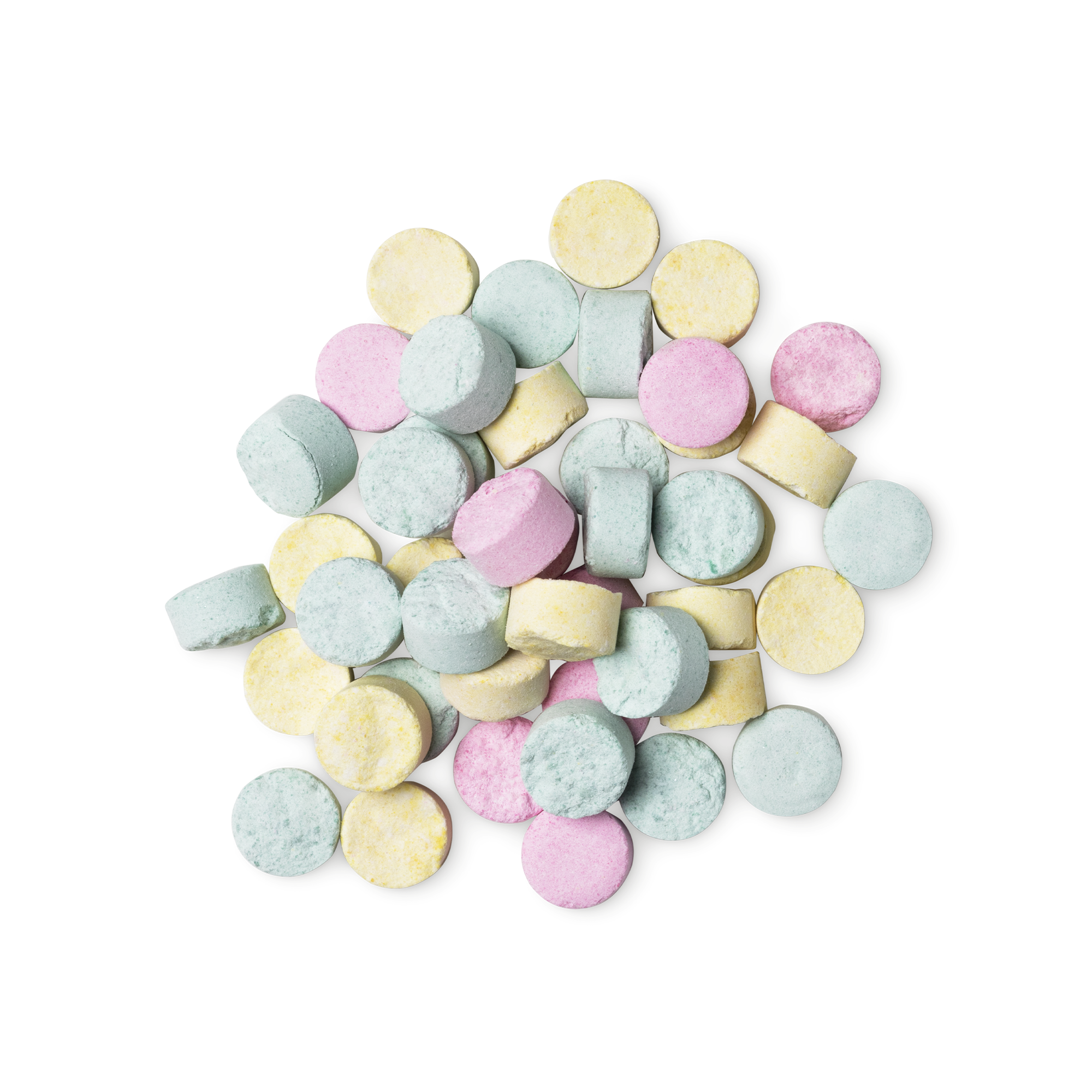 A pile of small, circular, multicoloured Refresher toothpaste tabs shot from above.